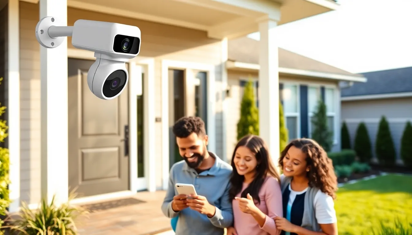 family monitoring home security camera from a smartphone.