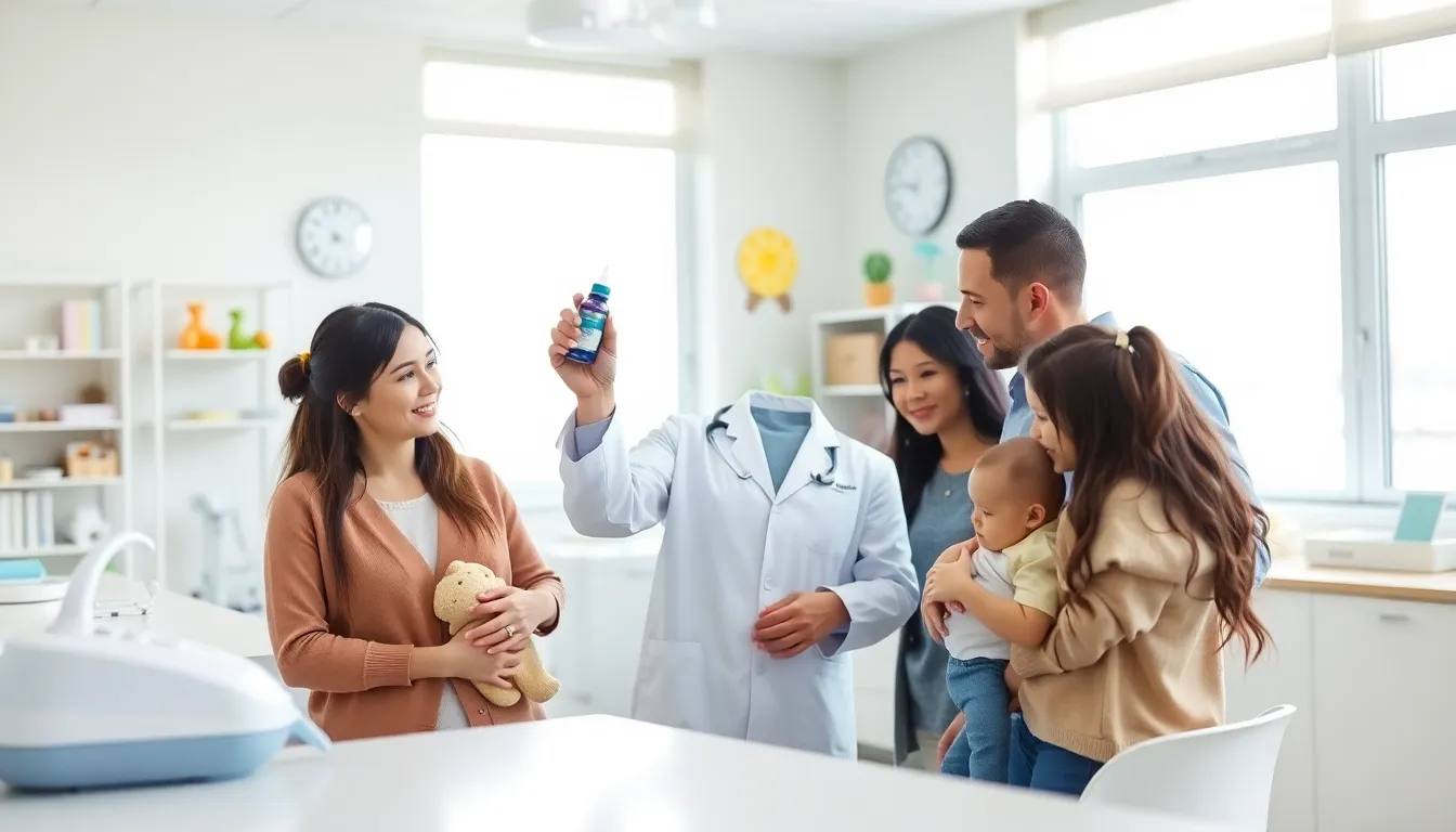 healthcare professional demonstrating saline drops to parents with a baby.