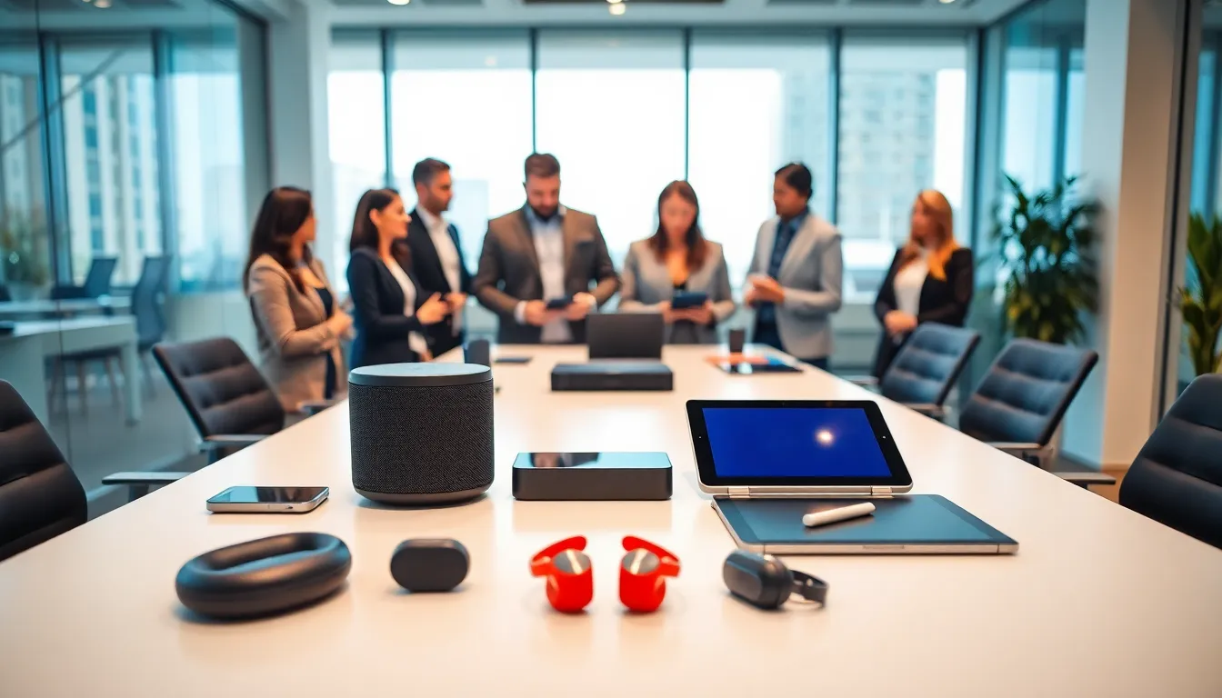 modern office with diverse team and Wattz consumer electronics display.