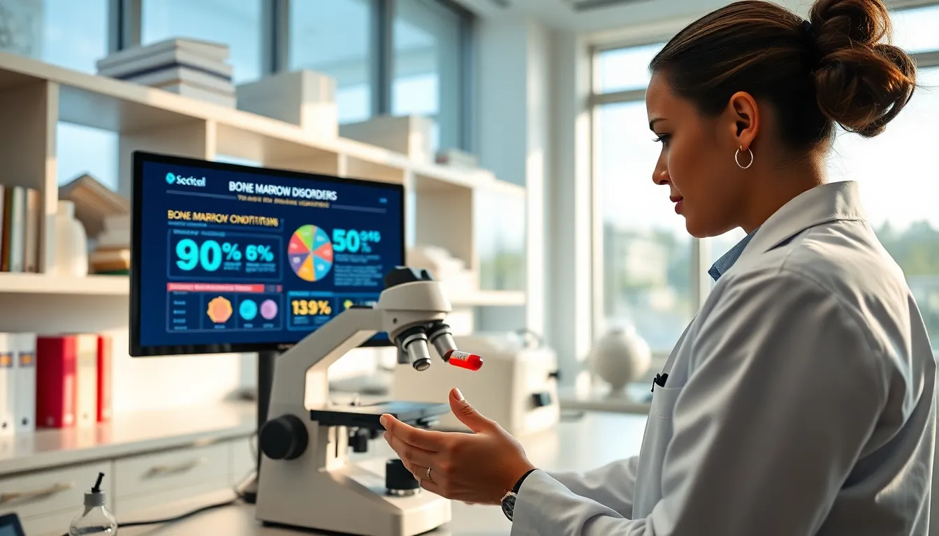 medical professional analyzing blood sample in a modern lab setting.