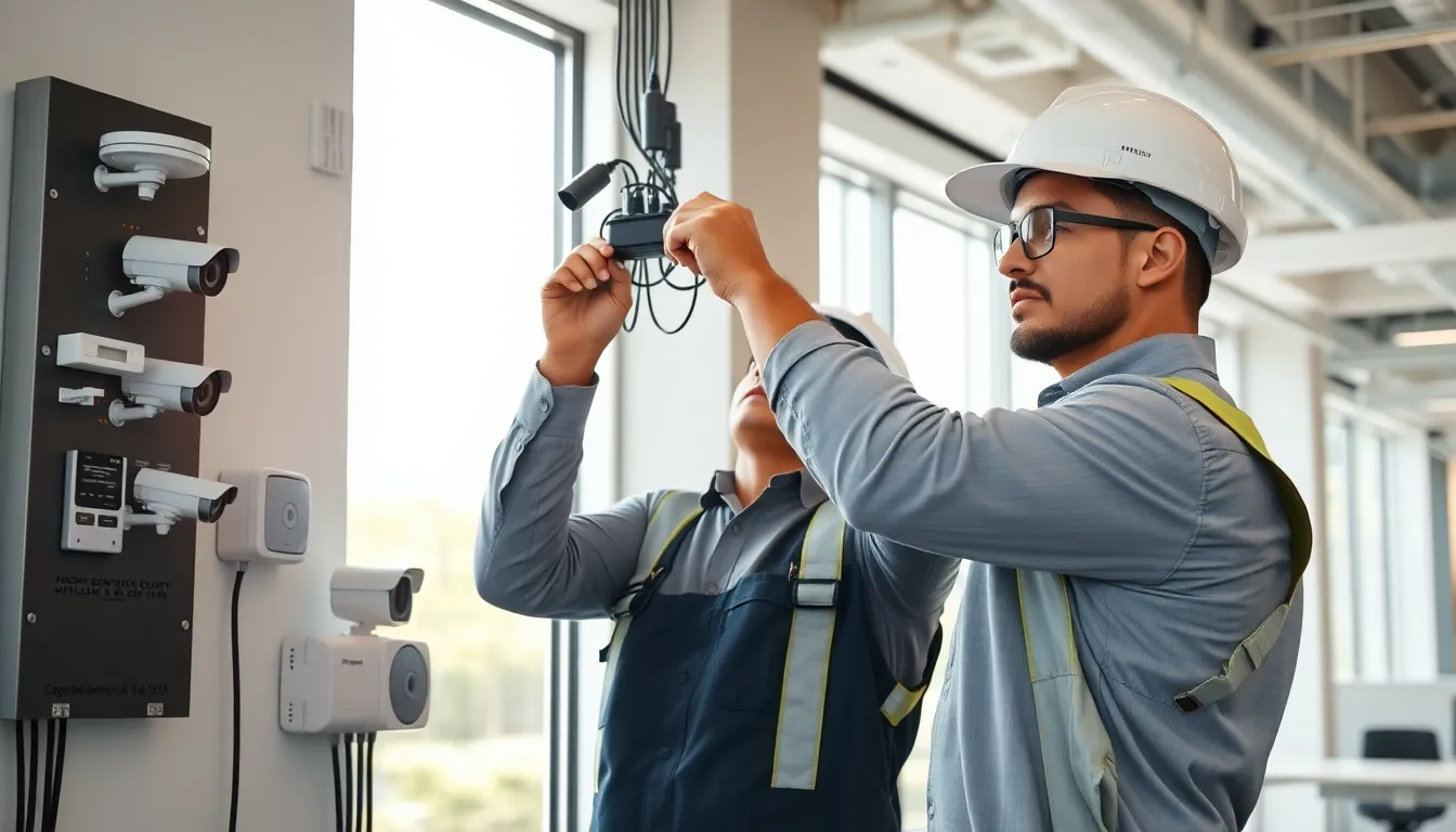 Technician installing a wired security system in a modern office.
