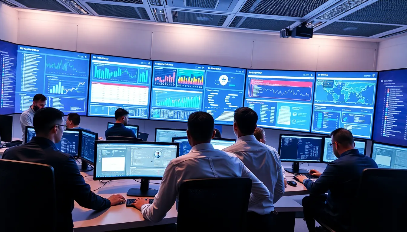 diverse cybersecurity team monitoring activity in a high-tech operations center.