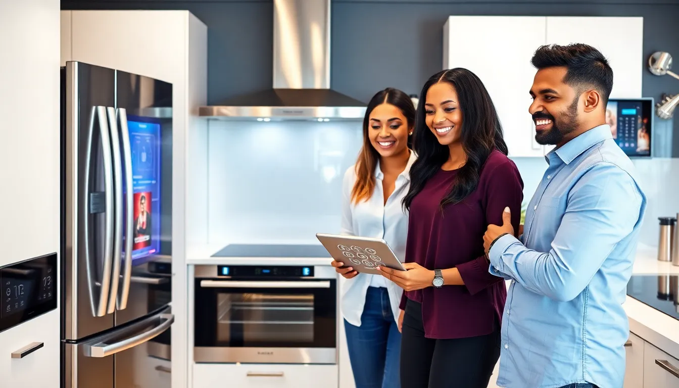 modern kitchen with smart appliances and diverse professionals.