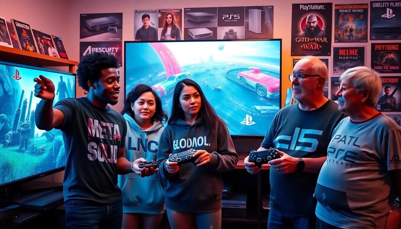 three gamers enjoying various PlayStation consoles in a cozy living room.